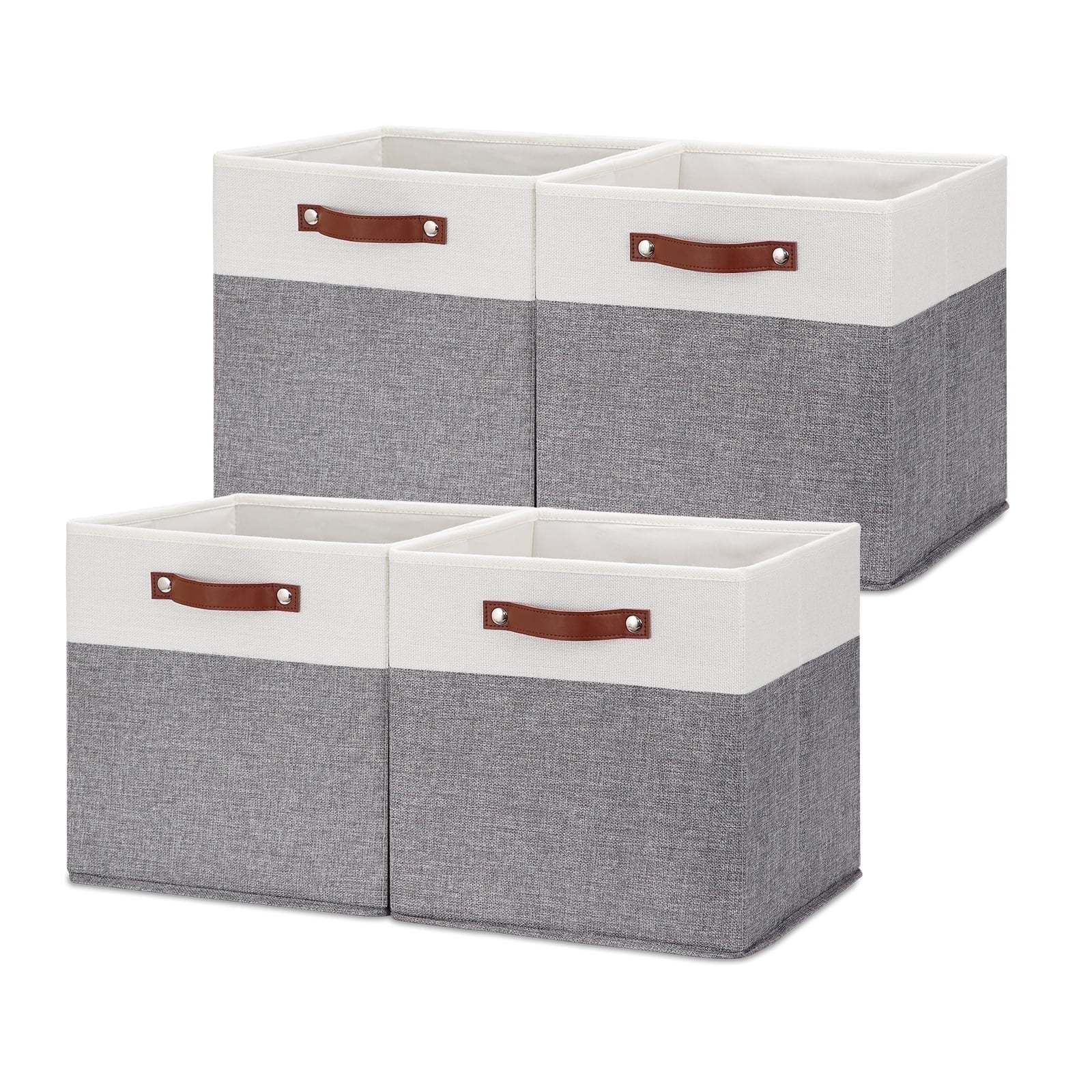 ANLEM 13x13 Storage Cubes Baskets 4 Pack Fabric Cube Storage Bins Large Storage Baskets with Leather Handles,Decorative Storage Boxes for Organizing Shelves(White&Gray)