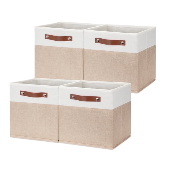 ANLEM Fabric Storage Baskets Cubes Bins for Shelves, 11 x11 Foldable Storage Bins, Decorative Storage Basket with Leather Handles for Storage Clothes Home Nursery(White Beige-4Pack)