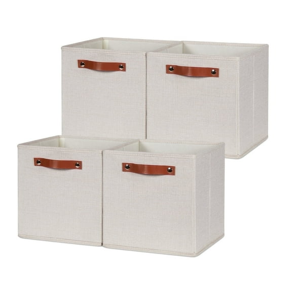 ANLEM Foldable Storage Cubes Bins for Organizing, Set of 4, Fabric Cube Canvas Storage Bins 11 x11, Collapsible Bins for Organization with Handles for Shelf Nursery(Cream)