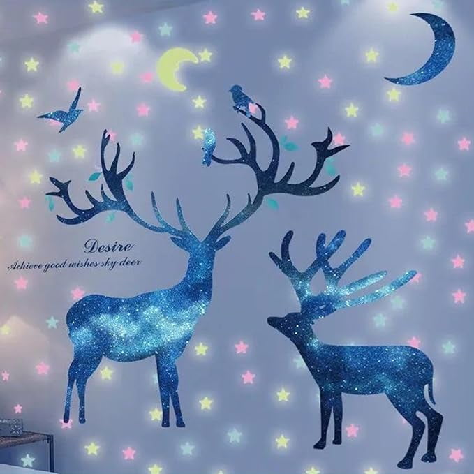 HO BEAR Starry Deer Wall Decor Sticker with Glow Moon Star Stickers