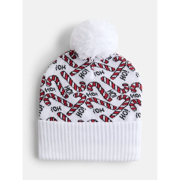 Holiday Time Women's Candy Cane Print Beanie Hat, White