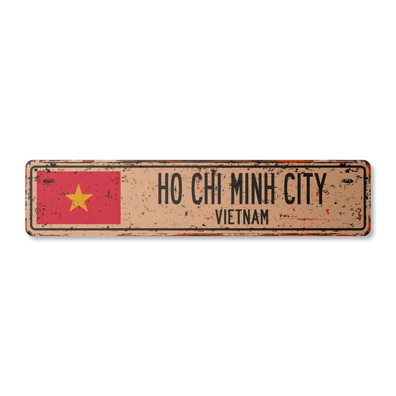 HO CHI MINH CITY VIETNAM Vintage Plastic Street Sign Vietnamese flag city country road gift | Indoor/Outdoor | 18" Wide