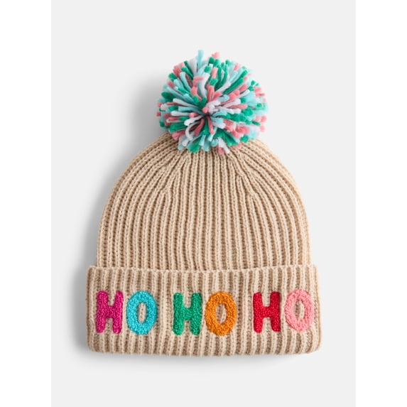 Holiday Time Women's Ho Ho Ho Beanie Hat, Oatmeal