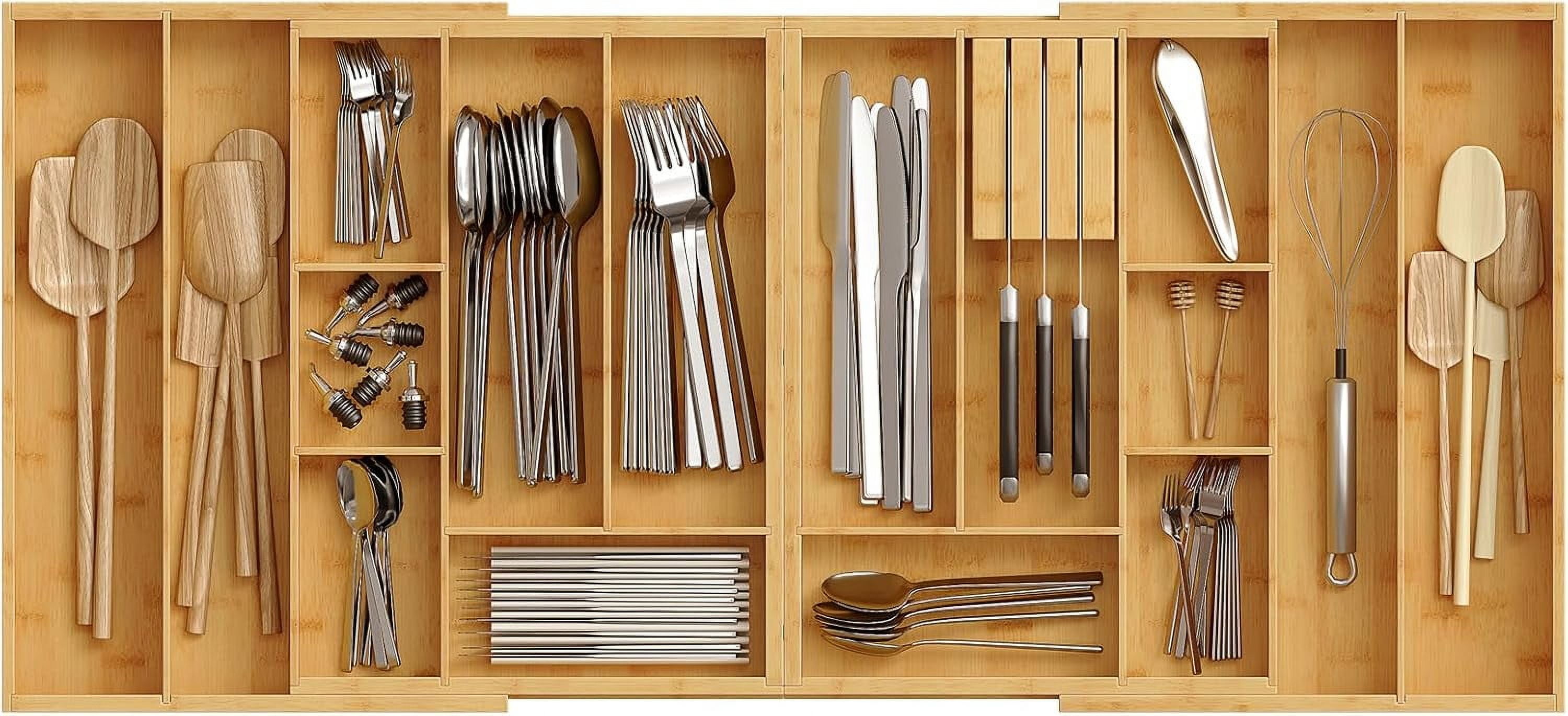 HO0BRO Large Silverware Utensils Organizer Kitchen Drawer Organizer, Magnetic Connected Expandable Utensil Organizer From 22 to 35 Inches, Bamboo 16 Slots Cutlery Tray with Knife Holder, Natural YL07T