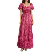 HOANSELAY Women's Flower Print Long Dress Short Puff Sleeve Sweetheart Neck Tunic Waist A-Line Dress