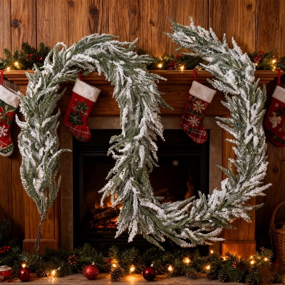 HOARBOEG 106.3 Inch Artificial Christmas Garland, Flocked Rattan Vine with Pine Needles & Strips for Xmas Tree, Mantle, Door, Wall and Holiday Home Decor, Realistic Plastic Greenery