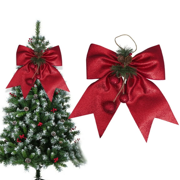 HOARBOEG 11.4in Pre-Tied Christmas Tree Bow Topper - Red Polyester Wreath Bow for Garland Door Decor, Outdoor Festive Decoration with Wire Edge