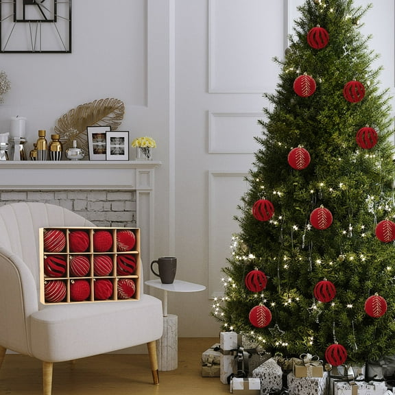 HOARBOEG 12-Pack 3.14in Flocked Christmas Ornaments, Holiday Balls for Tree Decor, Shatterproof Plastic Xmas Ball Set, Premium Hanging Decor