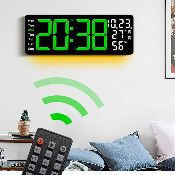 HOARBOEG 17.3in Large LED Wall Clock with Remote Control - Multifunctional Digital Alarm Clock, Showing Temperature/Humidity, Date & Weekday, Auto Brightness Home Decoration for Living Room/Bedroom