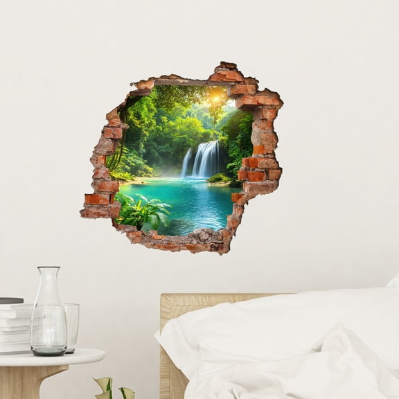HOARBOEG 1Pcs Forest Waterfall Broken Wall Mural, Removable Self-Adhesive Wallpaper Decal, Peel and Stick Nature Scenery Art, Waterproof Vinyl Poster for Living Room Bedroom Backdrop Decor
