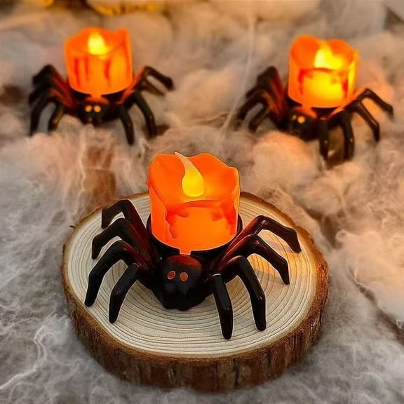 HOARBOEG 1Pcs Halloween Spider LED Candle Tabletop Decor – Flameless Tealight with Glowing Eyes & Dripping Wax Effect for Spooky Mantel, Party, Shelf Display & Holiday Atmosphere Lighting