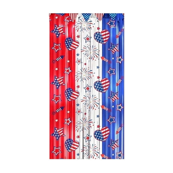 HOARBOEG 1Pcs Patriotic Tinsel Curtain Red White Blue Foil Fringe Backdrop July 4th Independence Day Decor Self Adhesive Star Flag Heart
