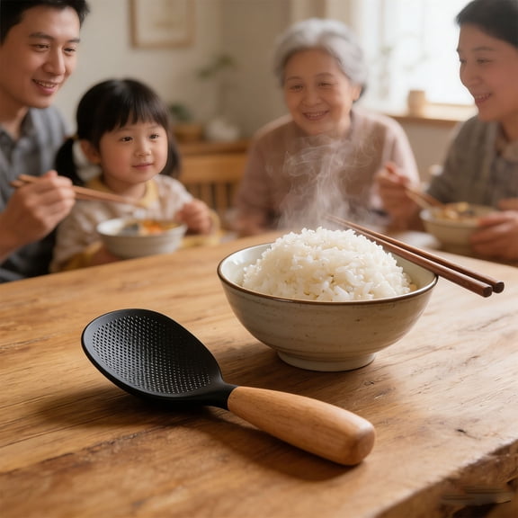 HOARBOEG 1Pcs Short Wooden Handle Silicone Rice Paddle, Non-Stick & Heat Resistant Self-Standing Spoon for Serving Mashed Potatoes, Cereal