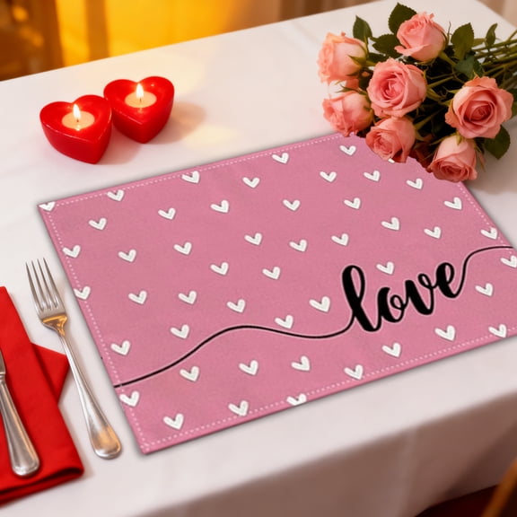 HOARBOEG 1Pcs Valentine's Day Placemats, Heart Print Polyester Table Mats, Waterproof & Easy Wipe Clean, Romantic Dinner Decor for Two, Festive Gift for Couples (17.7x11.8 in)