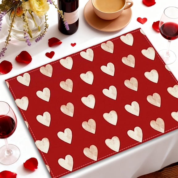 HOARBOEG 1Pcs Valentine's Day Placemats, Heart Print Polyester Table Mats, Waterproof & Easy Wipe Clean, Romantic Dinner Decor for Two, Festive Gift for Couples (17.7x11.8 in)