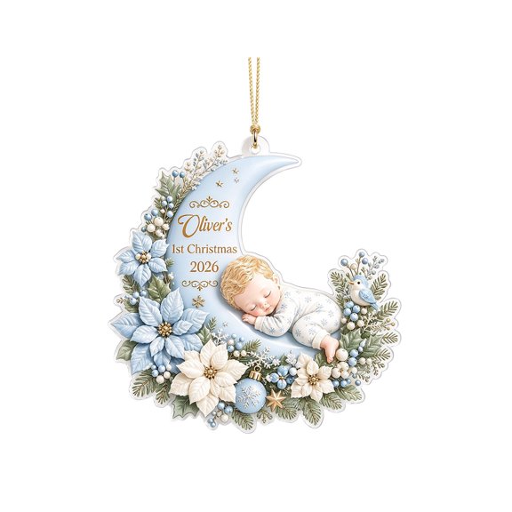 HOARBOEG 1st Christmas Ornament, Acrylic Moon Keepsake, 2026 Milestone Decoration for a Christmas Tree or Memory Display, Flat Printed Sleeping Figure with Cloud Lettering and a Crescent Outline