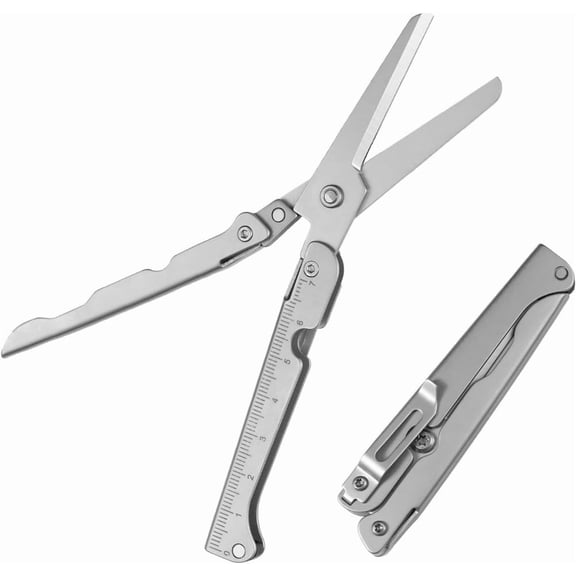 HOARBOEG 2-in-1 Foldable Scissors with Built-In Ruler, Stainless Steel Pocket Scissors for Travel, Small Folding Scissors for Sewing Camping Hiking, Mini Utility Scissors