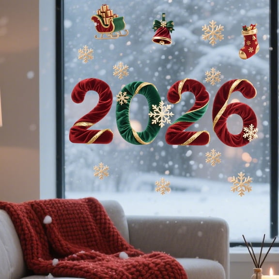 HOARBOEG 2026 Christmas Window Cling Stickers, Silk Texture PVC Static Cling Decals for Shopping Mall Decor, Removable Holiday Decals with Festive Designs, Easy to Install & Reusable