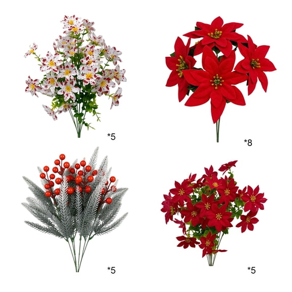 HOARBOEG 23 Piece Artificial Poinsettia Flowers, Christmas Floral Stems 12.99 in, Holiday Bouquet Supplies, Mixed Blooms and Berry Branches for DIY Vases or Window Planters, Christmas Gift