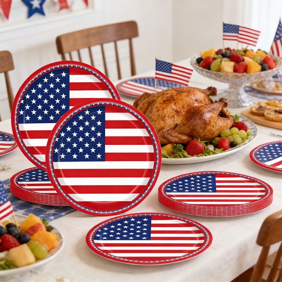 HOARBOEG 24-Pack 9in/7in American Flag Paper Plates, Patriotic Themed Disposable Dinner Plates for 4th of July, Independence Day, Veterans Day, Election Day Parties, Red White and Blue Party Supplies