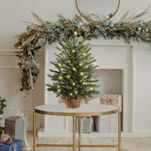 HOARBOEG 24in Pre-lit Artificial Christmas Tree with Basket Base, Retardant Green Tabletop Tree for Holiday Decor, Realistic Branches for Mantel, Desk, or Small Space Decoration, Festive Centerpiece