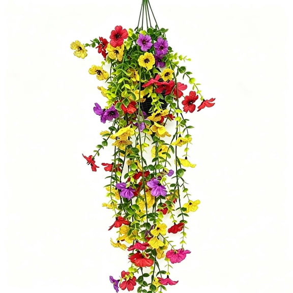 HOARBOEG 2Pcs 2Pcs Artificial Violet Flower Wall Hanging Basket, Outdoor UV Resistant Fake Flower Rattan Vine for Balcony Courtyard Patio, Faux Floral Vine Decor for Home Garden, No Maintenance