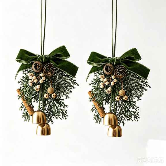 HOARBOEG 2Pcs Christmas Door Knob Hanger Velvet Bow Bell Ornament Artificial Cedar Berry Hanging Decor, Christmas Wreath Accessory for Front Door, Cabinet, Staircase, Mantel & Holiday Door Decoration