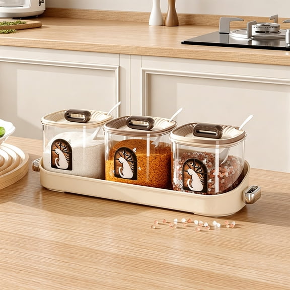 HOARBOEG 3 Compartment Seasoning Jar Set with Spoons & Lids, Beige Plastic Clear View Condiment Storage Box, Kitchen Spice Container for Salt, MSG & Spices