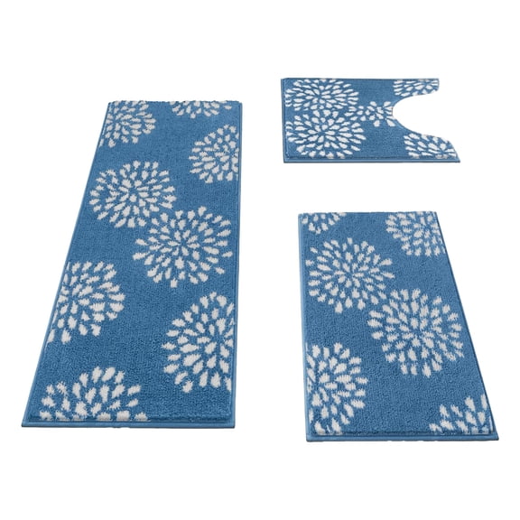 HOARBOEG 3-Piece Floral Bathroom Rug Set – Blue Flocked Print Velvet-Fleece Bath Mat, U-Shaped Contour Toilet Rug & Lid Cover, Non-Slip Washable Soft Absorbent Floor Mats for Tub Shower & Sink