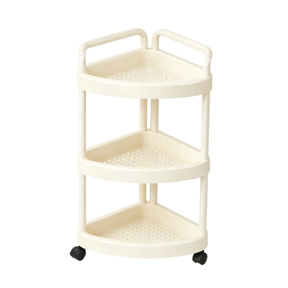 HOARBOEG 3 Tier Corner Storage Rack with Wheels, 15 In Rolling Multi-Purpose Organizer Shelf Cart for Bathroom Kitchen Living Room, Space-Saving Plastic Rack, White