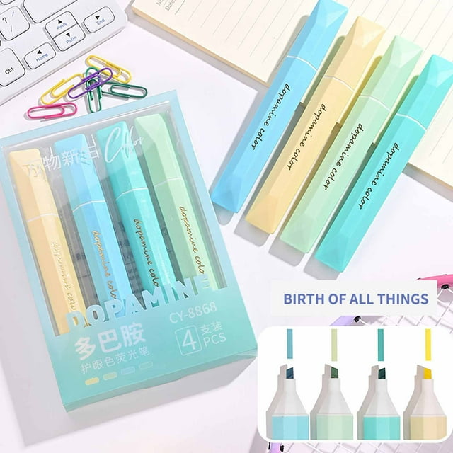 HOARBOEG 4-Color Fluorescent Highlighter Pen Set - Soft Tip Water-Based Markers No Fade Quick-Dry Marker Pens 0.2in Fine Tip Permanent Marker- Ideal for Notes, Planners & Textbooks