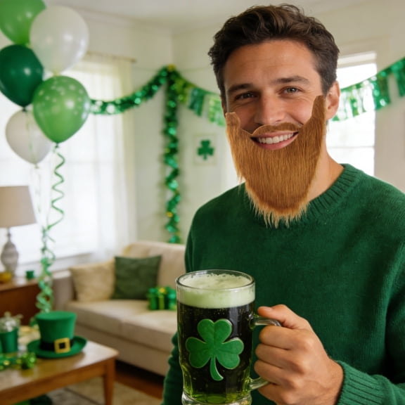 HOARBOEG 4Pcs St. Patrick's Day Fake Beard for Adults, Realistic Brown Mustache with Adjustable Elastic Strap, Funny Facial Hair Costume Prop for Halloween, Themed Parties, Dress Up