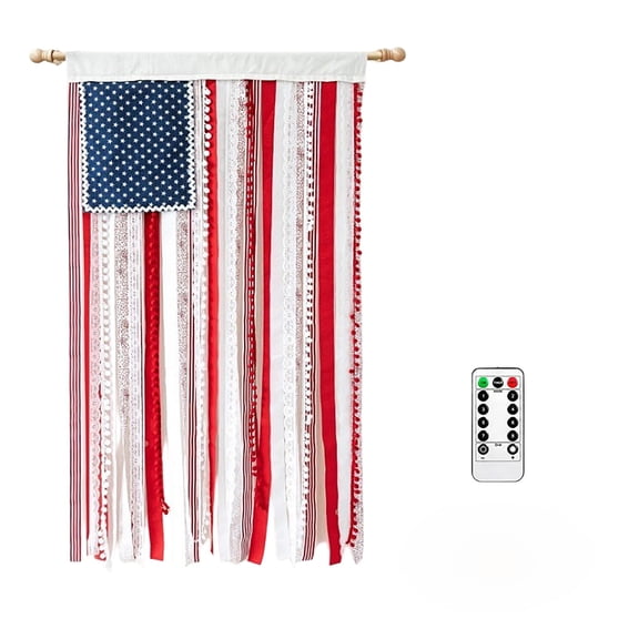 HOARBOEG 4th of July Decorations with LED String Lights - Patriotic American Flag Bunting with Blue Stars 1776 Design, Independence Day Hanging Decor for Porch, Fence, Outdoor Party Celebrations