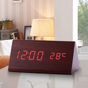 HOARBOEG 5.9*3.14*2.75in LED Digital Alarm Clock with Day & Temperature Display Wooden Modern Wall/Desk Clock, Smart Alarm Clock with Voice Control & Adjustable Brightness for Home Office