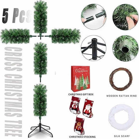 HOARBOEG 5FT & 6FT Foldable Christmas Tree with LED Lights for Outdoor, Artificial Staked Twinkling Xmas Tree with Metal Stake, Rustic Rattan Ring & Scarf Decor, PVC Holiday Tree for Patio and Garden