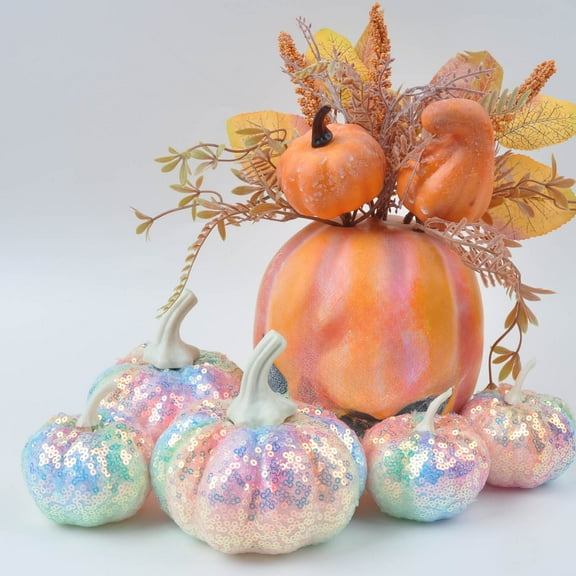 HOARBOEG 5Pcs Thanksgiving Pumpkin Decorations, Sparkly Sequined Pumpkin Ornaments for Fall Table Centerpiece, Halloween & Autumn Home Decor, Resin Pumpkin Figurines for Shelf, Mantel, Wedding, Party