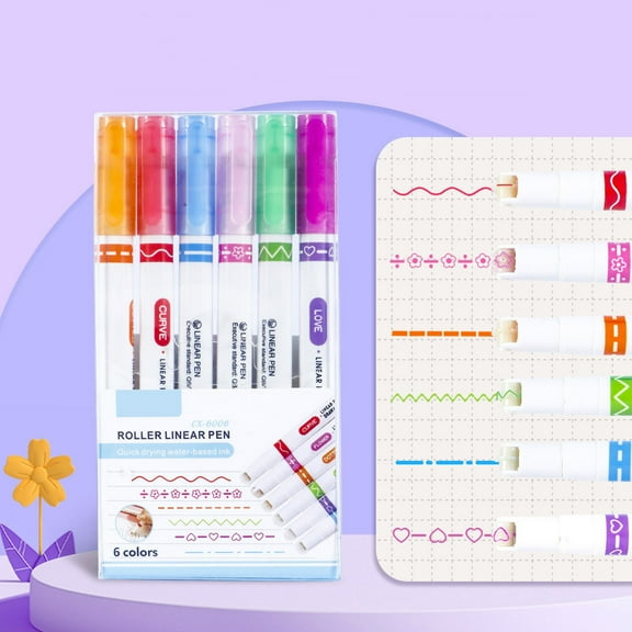 HOARBOEG 6-Pack Floral Pattern Marker Pens - Double Ended 0.4in Fine Tip & Wave Marker, 10ml Multi Functional Roller Pens for Highlighting, Drawing & File Marking