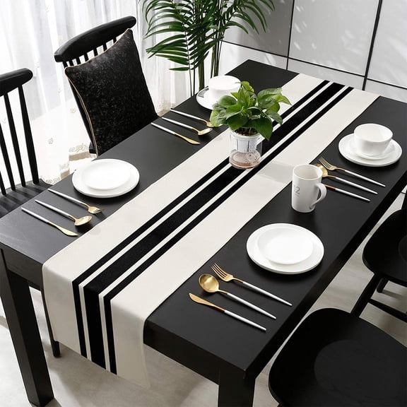 HOARBOEG 72x13x0.2in Geometric Striped Table Flag Modern Bitonal Stripe Tablecloth, Linen Dinner Mat Home Decoration Tea Flags, Black White, Breathable, Washable