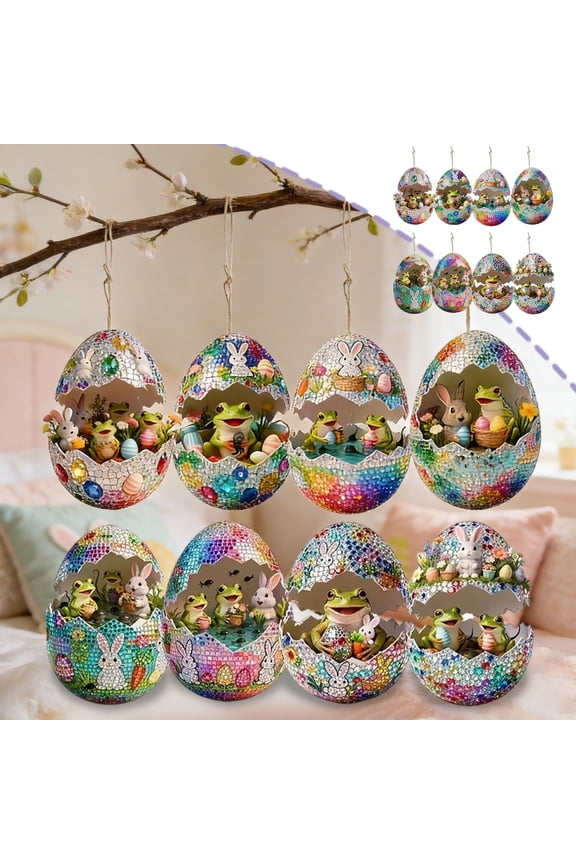 HOARBOEG 8pcs Easter Bunny Egg Wooden Hanging Ornaments Set - 2D Flat Decorative Keychain Pendants for Car Rearview Mirror, Backpack, Window, or Wall, Cute Easter Decorations
