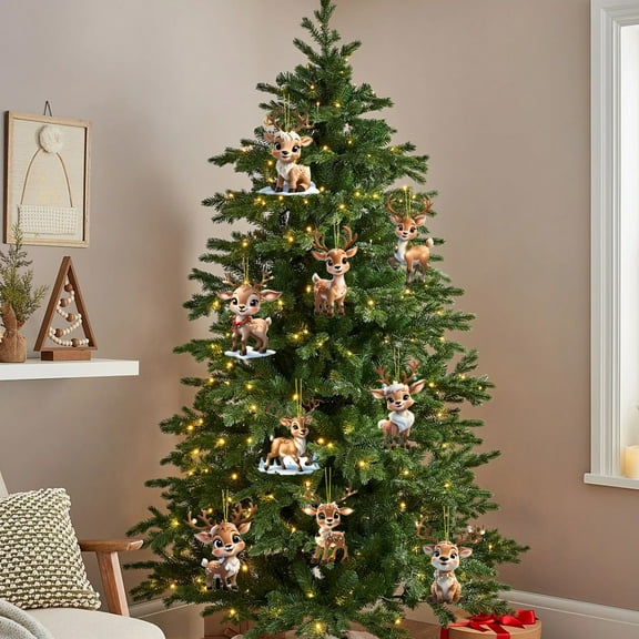 HOARBOEG 9Pcs Cute Acrylic Reindeer Christmas Tree Ornaments Set, Cartoon Animal Hanging Decor for Winter Holiday Events, Party Decorations and Festive Home Decor, Brown Reindeer Figures