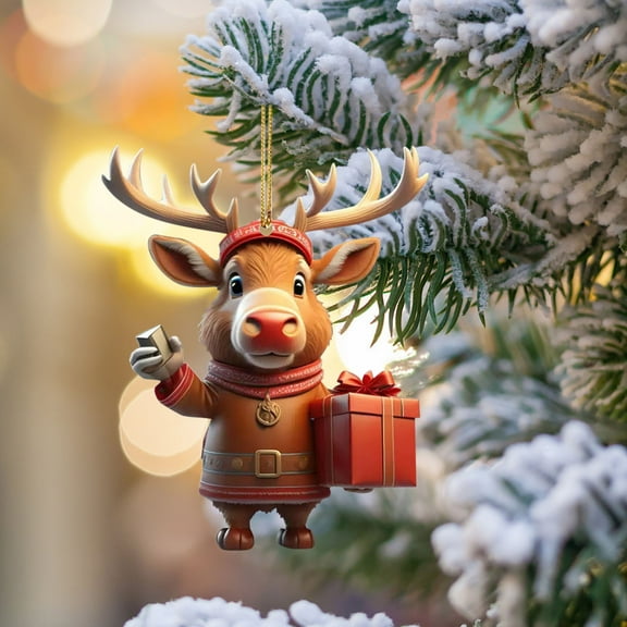 HOARBOEG Acrylic Reindeer Christmas Ornament, 8 Inch Large Christmas Tree Hanging Pendant with Ribbon, Shatterproof Flat Reindeer Decor for Indoor Outdoor Holiday Decorations