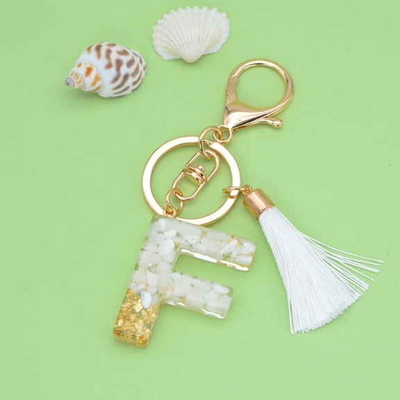 HOARBOEG Alphabet Initial Letter Keychain White Initial with Tassel Pendant Resin Key Ring Crystal Pendant Keychain Trinket for Women Wallet Purses Car Keys, Valentine's Day Birthday Gift