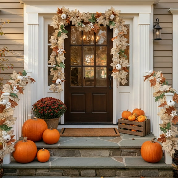 HOARBOEG Artificial Maple Leaf Pumpkin Vines, 69 Inch Fall Thanksgiving Table Centerpiece Decor, Halloween Hanging Rattan Vine with Faux Maple Leaves for Home Mantle Dining Season Decorations