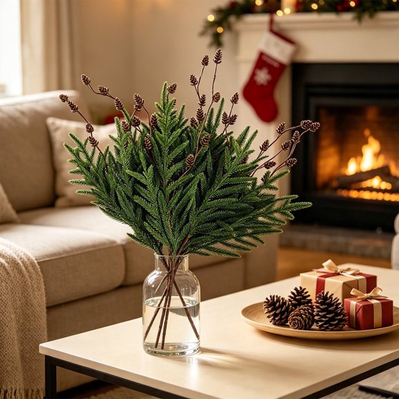 HOARBOEG 26 Inch Artificial Norfolk Pine Picks with Pinecones, Green Plastic Stems for Wreath Garland Mantel Table Decor