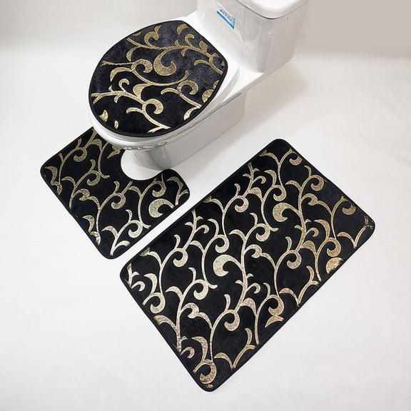 HOARBOEG Bathroom Rug Set 3 Pcs Soft Non Slip Bathroom Floor Rug Toilet Cover Pad Flower Maroon Gold Floral Classy Antique Bath Mats for Bathroom