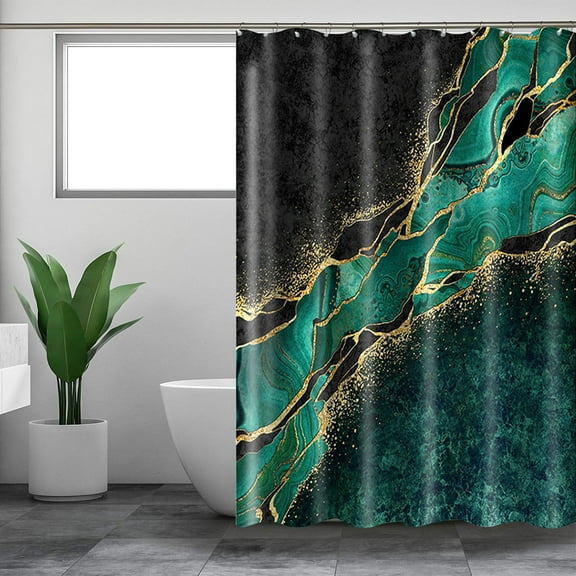 HOARBOEG Black Green Marble Shower Curtain, Black Grey Luxury Modern Abstract Shower Curtain Set for Bathroom, Fabric Bath Curtain with Hooks, 70x70in