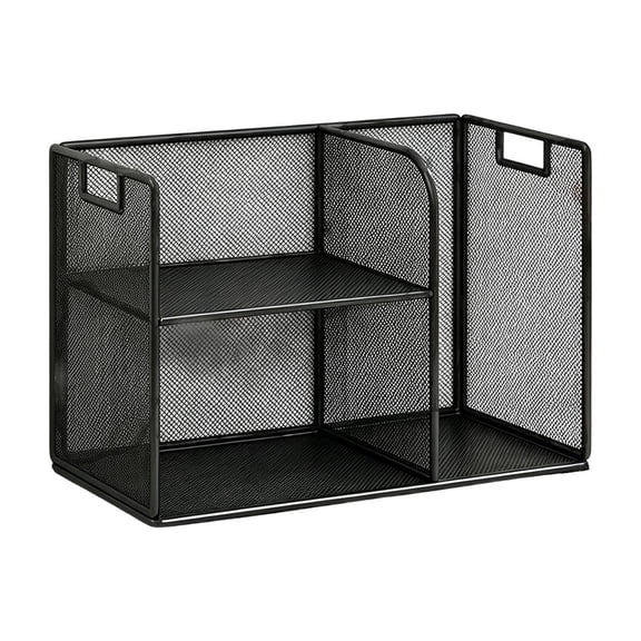 HOARBOEG Black Mesh Metal 2-Tier Desktop Bookshelf, Desk Shelf Organizer with File Holder, Heavy Duty Tabletop Storage Rack for Office Supplies, Small Space Saving Bookcase for Home Office