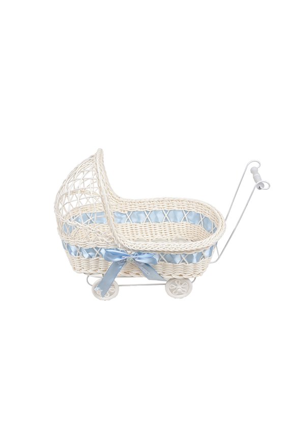 HOARBOEG Blue Pram Shaped Faux Rattan Flower Basket with Wheels and Handle, Multi-Functional Storage Organizer Fruit Basket, Rustic Vintage Style Decorative Gift Basket for Wedding Party Home Decor