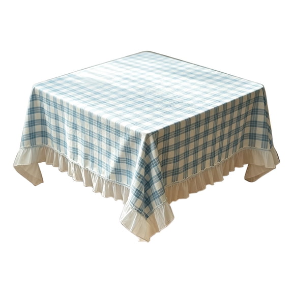 HOARBOEG Blue White Plaid Tablecloth 31.5" Square, Sheer Double-Layer Ruffle Hem Waterproof Dining Table Cover, Snownylon Checkered Desk Mat for Brunch Photo Decor