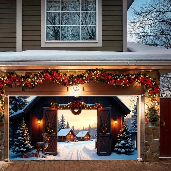 HOARBOEG Christmas Garage Photography Backdrop Cloth, Polyester Festive Background for Holiday Decor, Halloween & Christmas Party Scene Props, Wrinkle-Resistant Hanging Decoration, 13.12*5.9ft